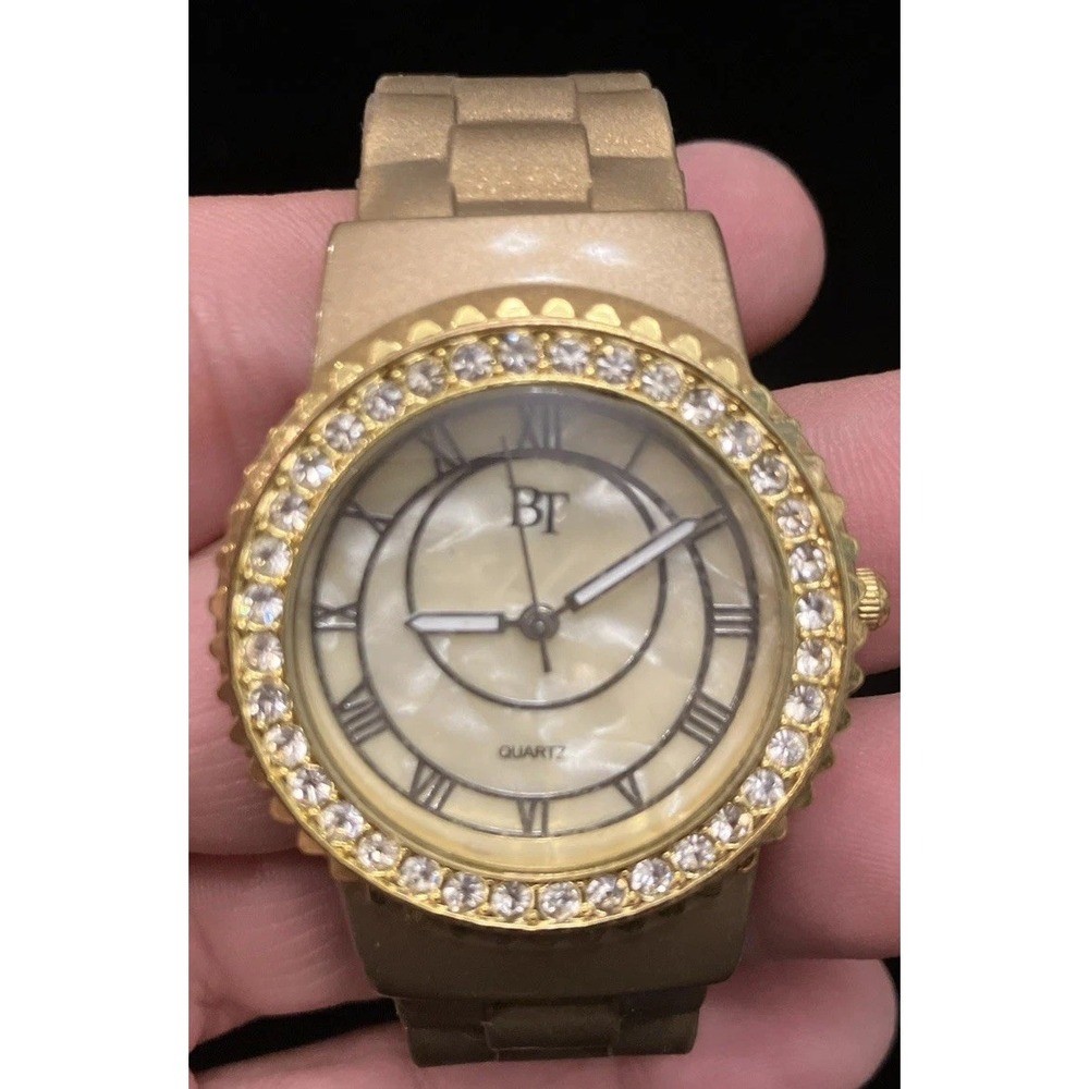Bijoux Terner Womens Watch Mother of Pearl Face Gold Tone Crystal BT HR-805